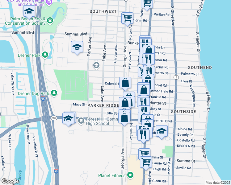map of restaurants, bars, coffee shops, grocery stores, and more near 620 Franklin Road in West Palm Beach
