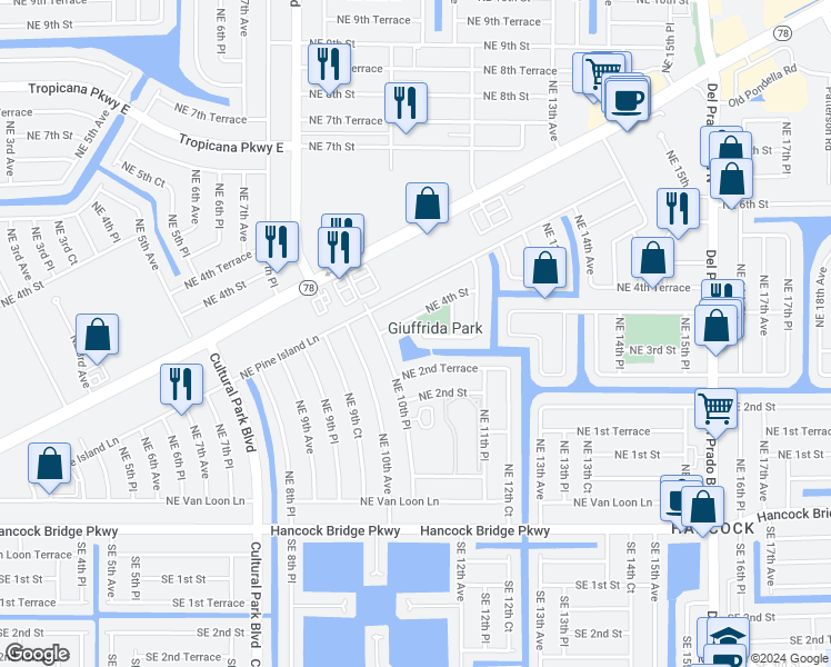 map of restaurants, bars, coffee shops, grocery stores, and more near 306 Northeast 10th Court in Cape Coral