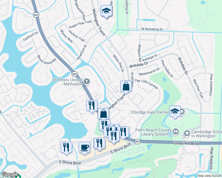 map of restaurants, bars, coffee shops, grocery stores, and more near 1538 Waterway Lane in Wellington