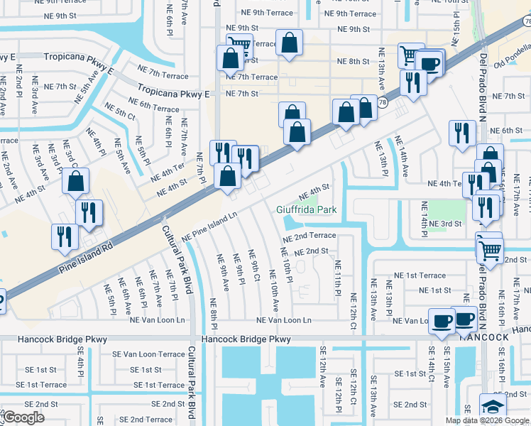 map of restaurants, bars, coffee shops, grocery stores, and more near 234 Northeast 10th Place in Cape Coral