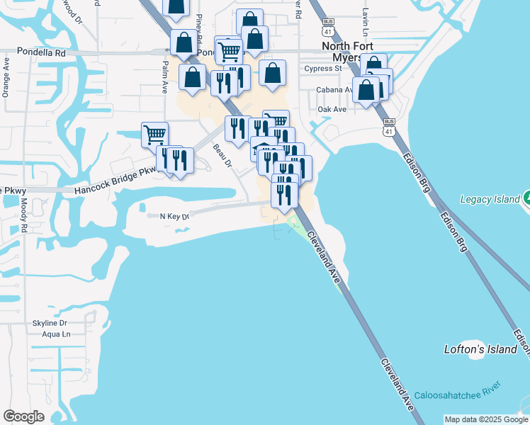map of restaurants, bars, coffee shops, grocery stores, and more near 3300 North Key Drive in North Fort Myers