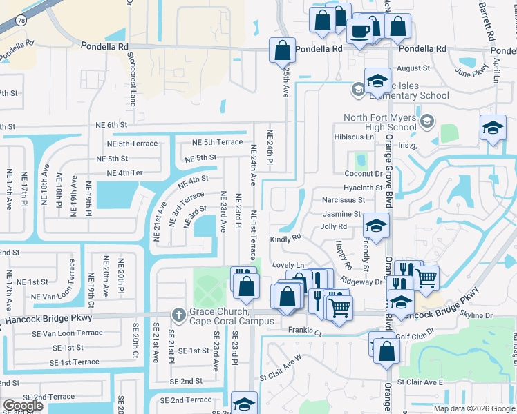 map of restaurants, bars, coffee shops, grocery stores, and more near 226 Northeast 1st Terrace in Cape Coral