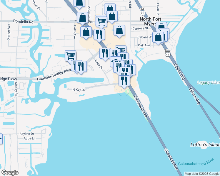 map of restaurants, bars, coffee shops, grocery stores, and more near 3340 North Key Drive in North Fort Myers