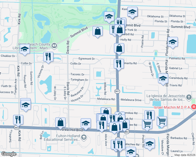map of restaurants, bars, coffee shops, grocery stores, and more near 3166 Riddle Road in West Palm Beach