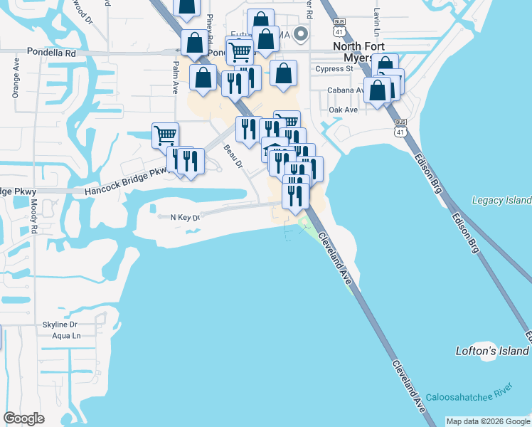 map of restaurants, bars, coffee shops, grocery stores, and more near 3300 North Key Drive in North Fort Myers