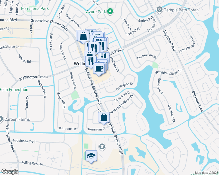 map of restaurants, bars, coffee shops, grocery stores, and more near 13776 Lilac Place in Wellington