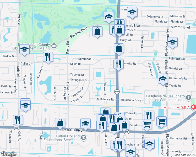 map of restaurants, bars, coffee shops, grocery stores, and more near 3166 Riddle Road in West Palm Beach