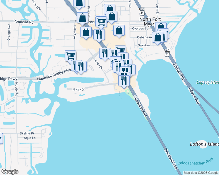 map of restaurants, bars, coffee shops, grocery stores, and more near 3334 North Key Drive in North Fort Myers