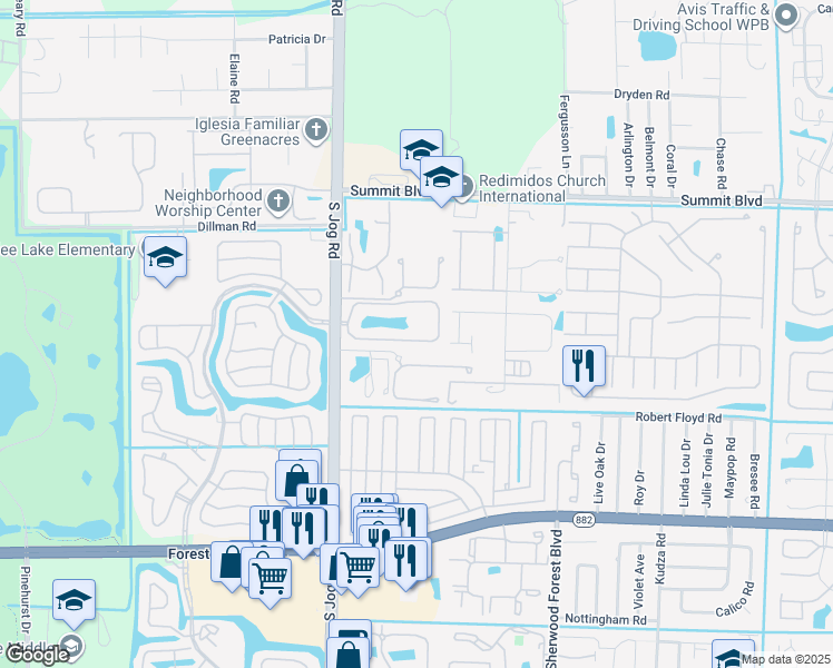 map of restaurants, bars, coffee shops, grocery stores, and more near 1402 Maplewood Drive in Greenacres
