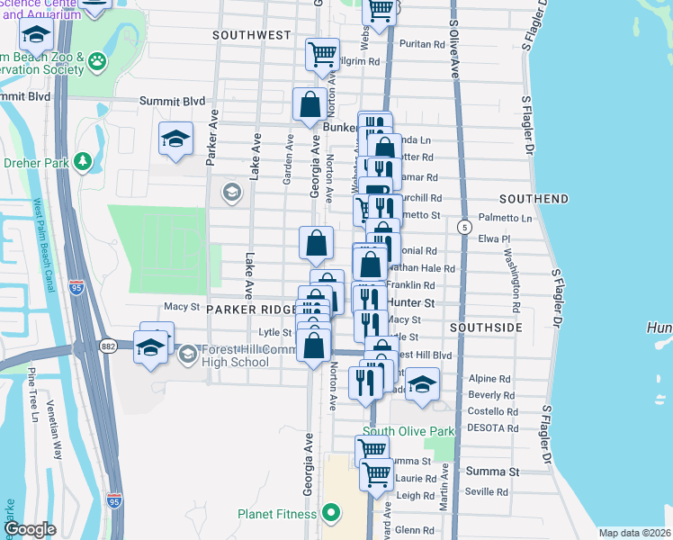 map of restaurants, bars, coffee shops, grocery stores, and more near 516 Franklin Road in West Palm Beach