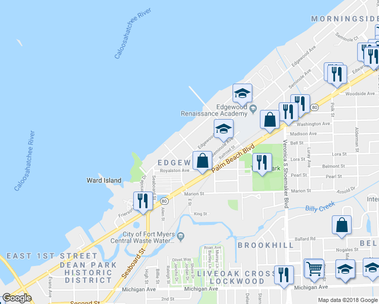 map of restaurants, bars, coffee shops, grocery stores, and more near 3237 Edgewood Avenue in Fort Myers
