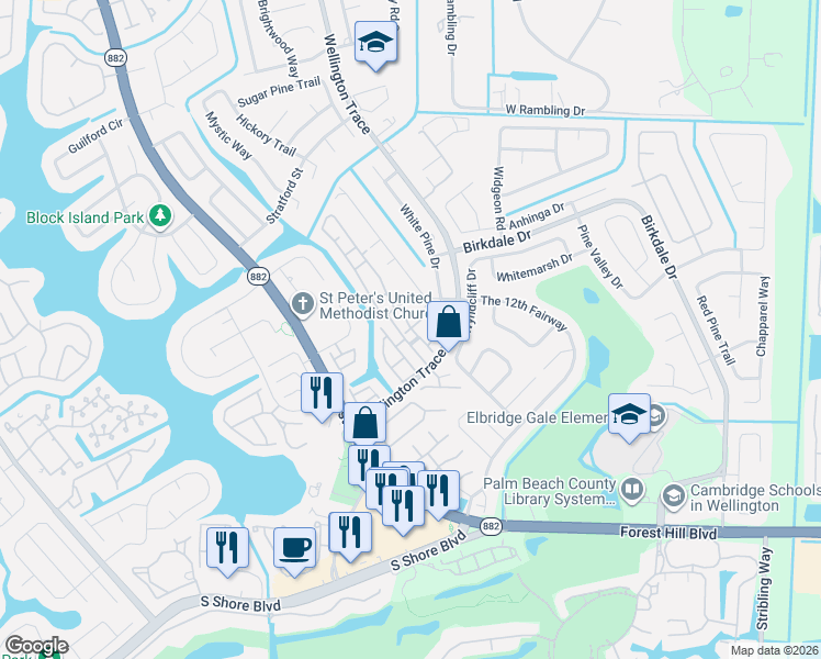 map of restaurants, bars, coffee shops, grocery stores, and more near 1538 Waterway Lane in Wellington