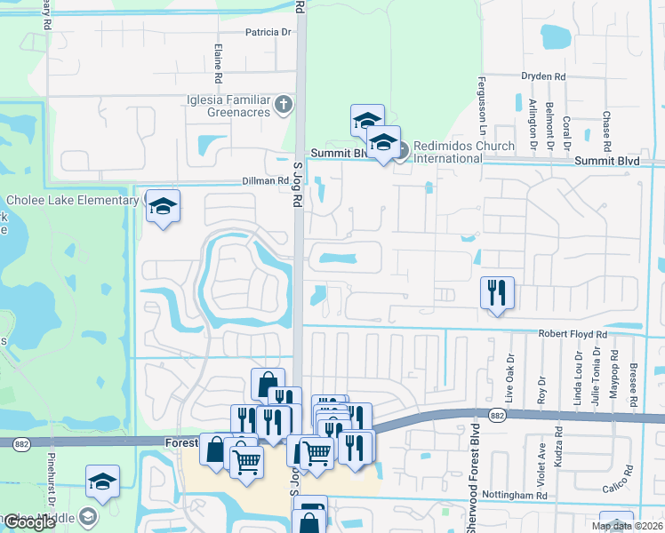map of restaurants, bars, coffee shops, grocery stores, and more near 802 Maplewood Drive in Greenacres