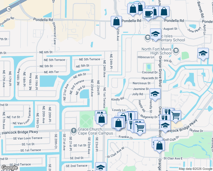 map of restaurants, bars, coffee shops, grocery stores, and more near 226 Northeast 1st Terrace in Cape Coral