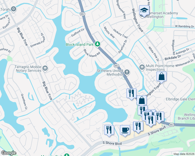 map of restaurants, bars, coffee shops, grocery stores, and more near 12574 Westhampton Circle in Wellington