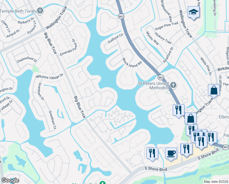 map of restaurants, bars, coffee shops, grocery stores, and more near 12848 Meadowbreeze Drive in Wellington