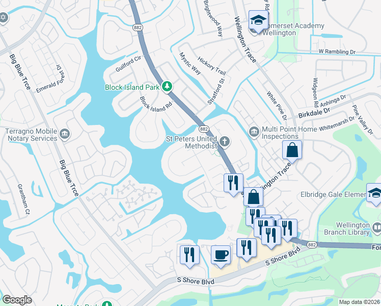 map of restaurants, bars, coffee shops, grocery stores, and more near 12341 Westhampton Circle in Wellington