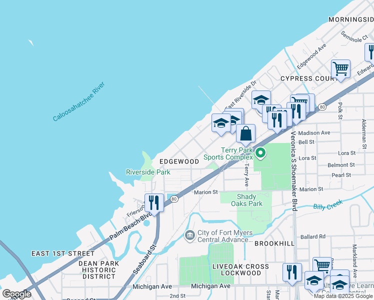 map of restaurants, bars, coffee shops, grocery stores, and more near 3215 Edgewood Avenue in Fort Myers