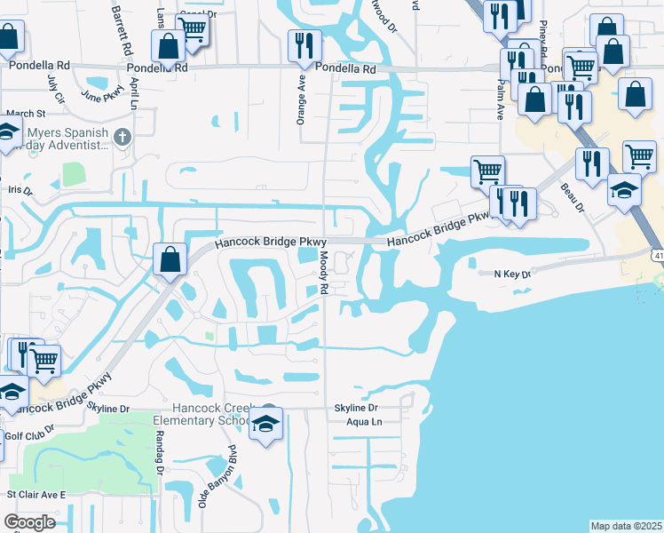 map of restaurants, bars, coffee shops, grocery stores, and more near 3260 Lee Way Court in North Fort Myers