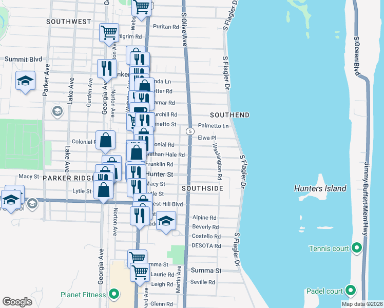 map of restaurants, bars, coffee shops, grocery stores, and more near 301 Colonial Road in West Palm Beach