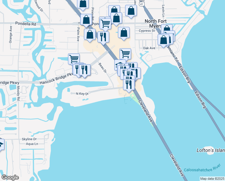 map of restaurants, bars, coffee shops, grocery stores, and more near 3344 North Key Drive in North Fort Myers