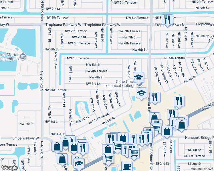 map of restaurants, bars, coffee shops, grocery stores, and more near 306 Northwest 4th Street in Cape Coral