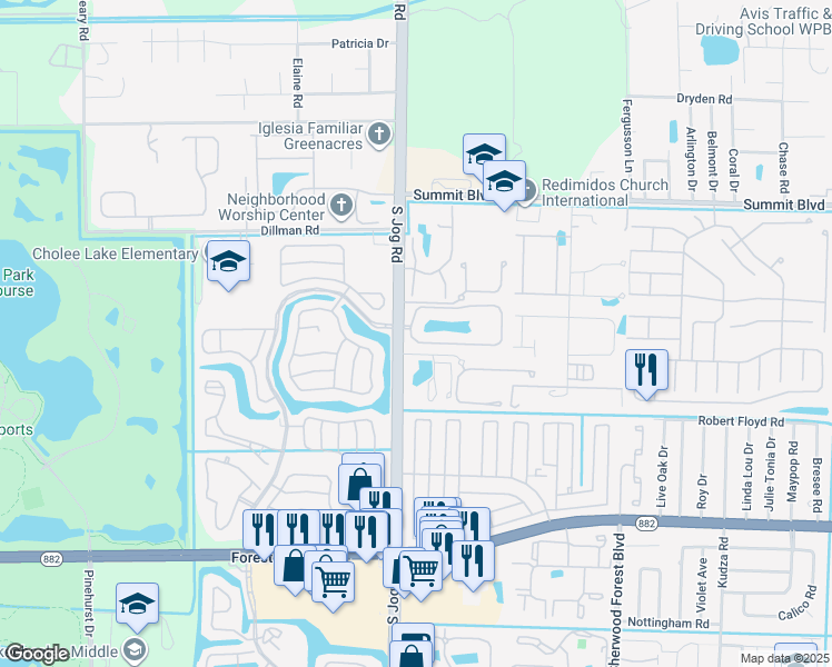 map of restaurants, bars, coffee shops, grocery stores, and more near 2804 Maplewood Drive in Greenacres