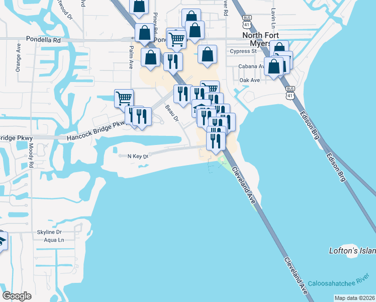 map of restaurants, bars, coffee shops, grocery stores, and more near 3341 North Key Drive in North Fort Myers
