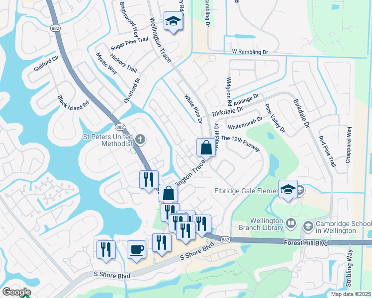 map of restaurants, bars, coffee shops, grocery stores, and more near 1484 Waterway Cove Drive in Wellington