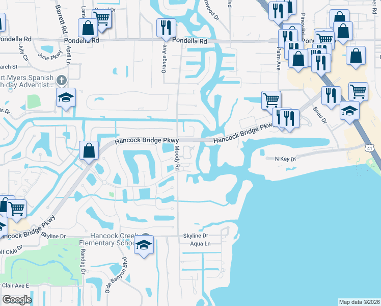 map of restaurants, bars, coffee shops, grocery stores, and more near 950 Moody Road in North Fort Myers