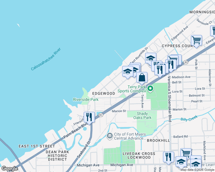 map of restaurants, bars, coffee shops, grocery stores, and more near 3225 East Riverside Drive in Fort Myers