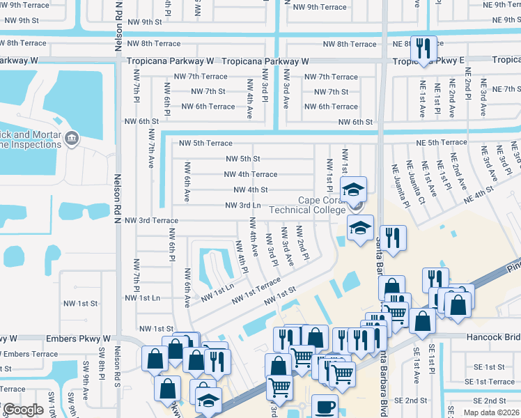 map of restaurants, bars, coffee shops, grocery stores, and more near 400 Northwest 4th Street in Cape Coral