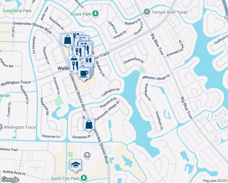 map of restaurants, bars, coffee shops, grocery stores, and more near 13703 Callington Drive in Wellington
