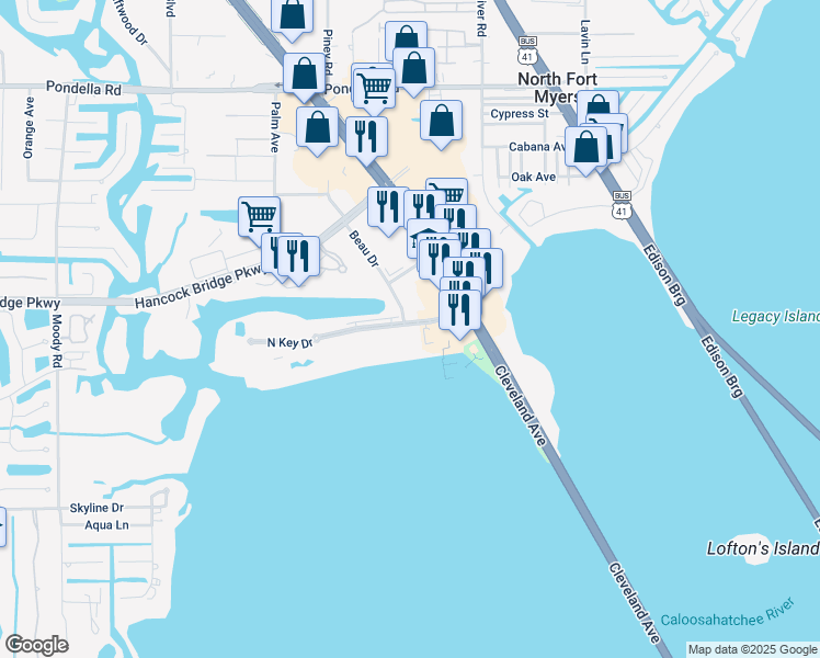 map of restaurants, bars, coffee shops, grocery stores, and more near 3322 North Key Drive in North Fort Myers