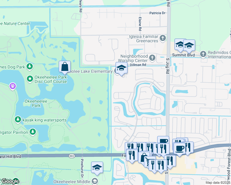 map of restaurants, bars, coffee shops, grocery stores, and more near 1229 Olympic Circle in Greenacres