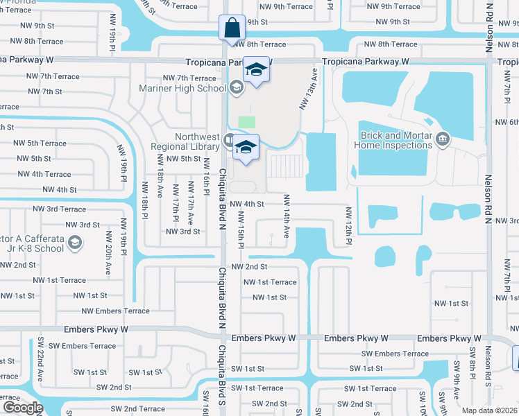 map of restaurants, bars, coffee shops, grocery stores, and more near 1425 Northwest 4th Street in Cape Coral
