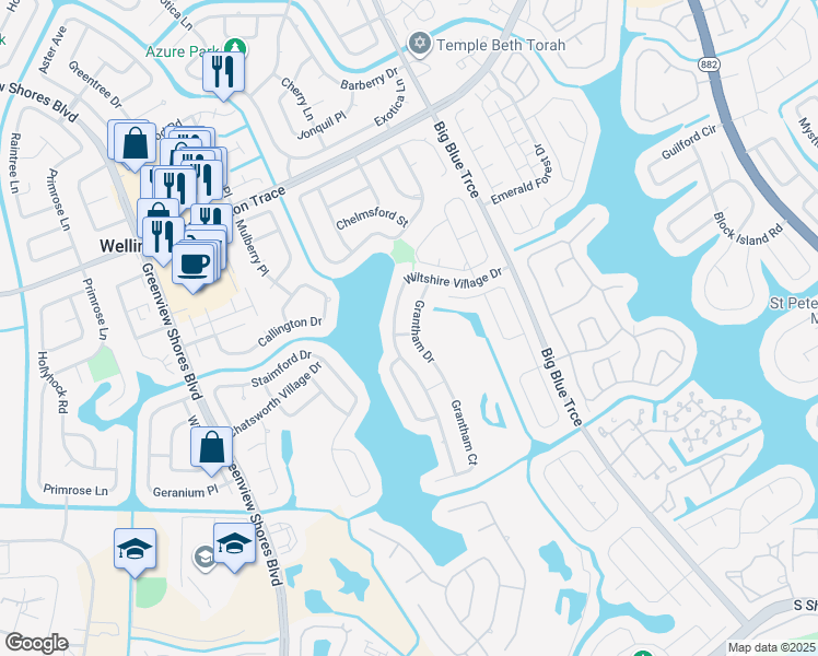 map of restaurants, bars, coffee shops, grocery stores, and more near 1530 Grantham Drive in Wellington