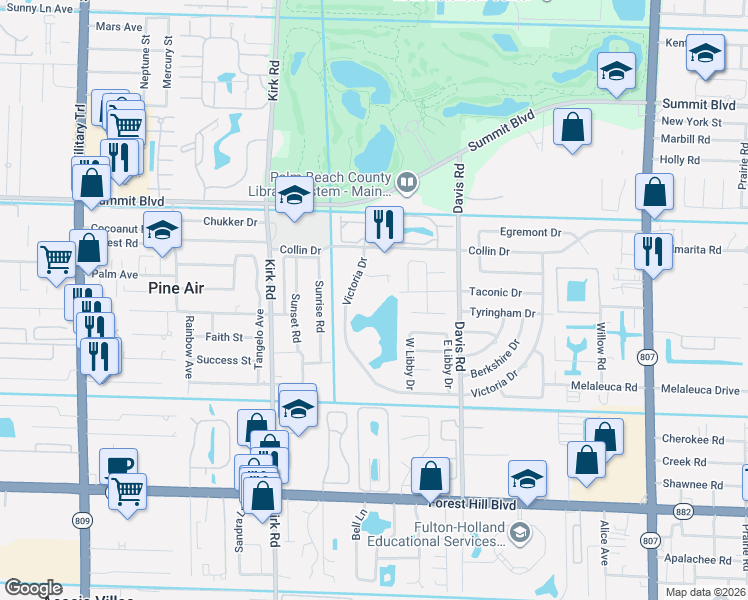map of restaurants, bars, coffee shops, grocery stores, and more near 3887 Victoria Drive in West Palm Beach