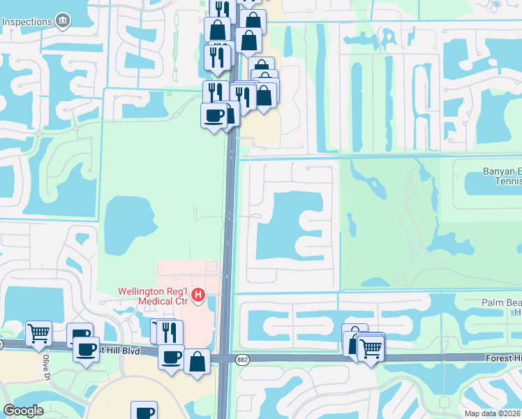 map of restaurants, bars, coffee shops, grocery stores, and more near 1354 Pebble Ridge Lane in West Palm Beach