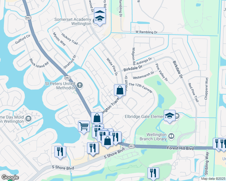 map of restaurants, bars, coffee shops, grocery stores, and more near 1481 White Pine Drive in Wellington