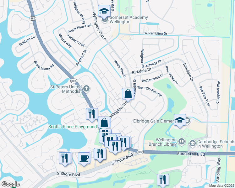 map of restaurants, bars, coffee shops, grocery stores, and more near 1484 Waterway Cove Drive in Wellington