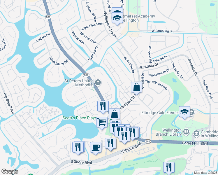 map of restaurants, bars, coffee shops, grocery stores, and more near 1268 Waterway Cove Drive in Wellington