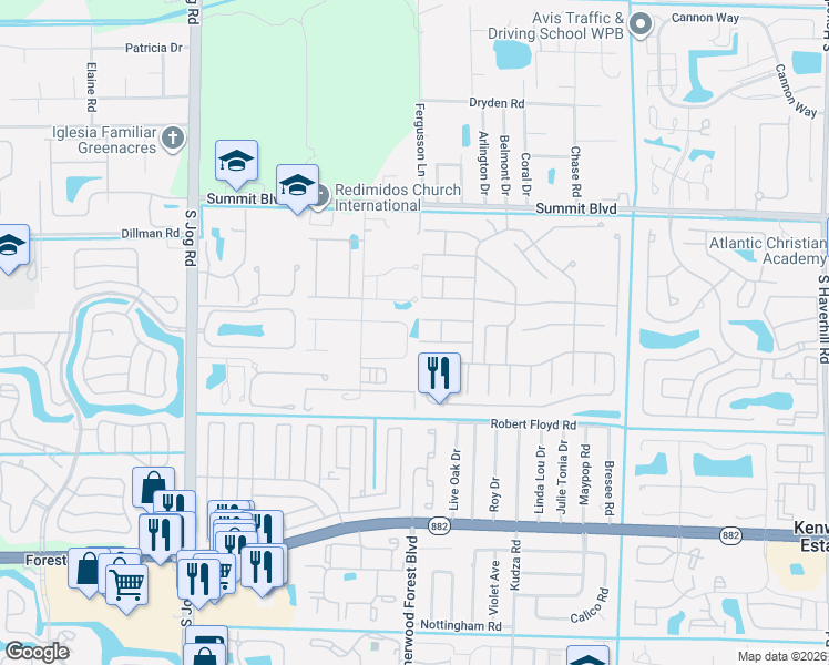 map of restaurants, bars, coffee shops, grocery stores, and more near 5873 Thisledown Court in West Palm Beach