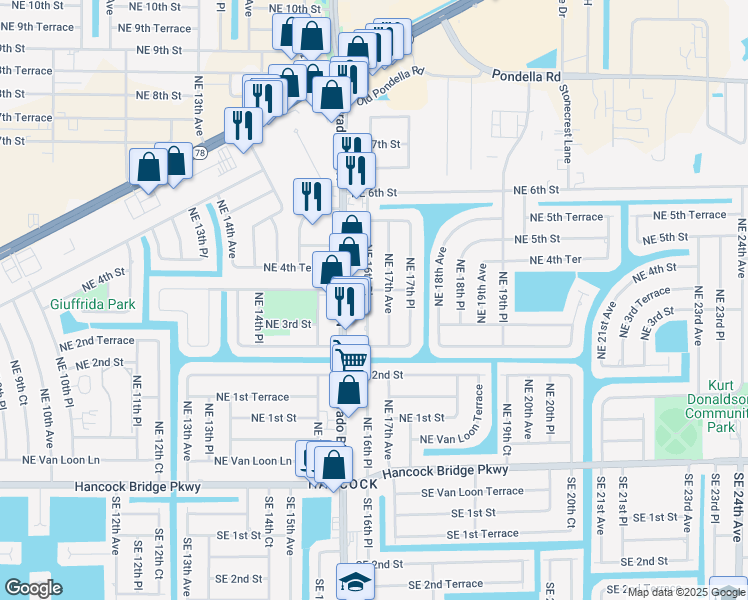 map of restaurants, bars, coffee shops, grocery stores, and more near 315 Northeast 16th Place in Cape Coral