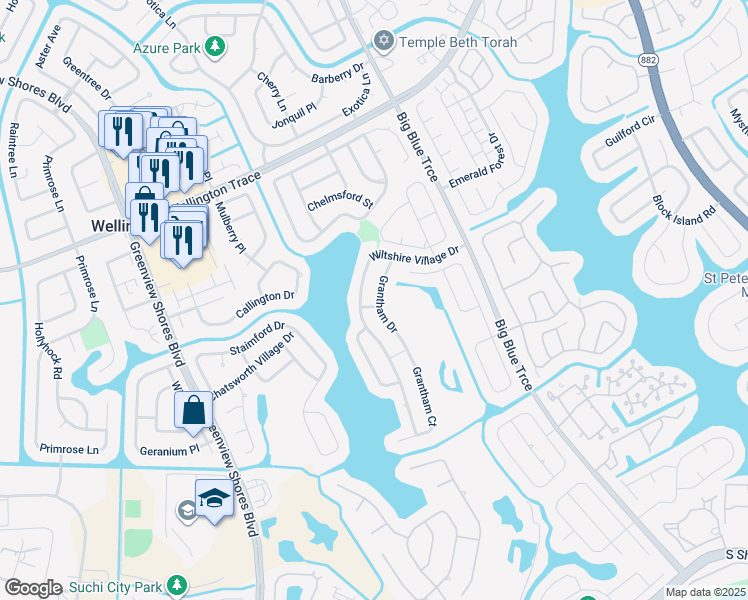 map of restaurants, bars, coffee shops, grocery stores, and more near 1559 Grantham Drive in Wellington
