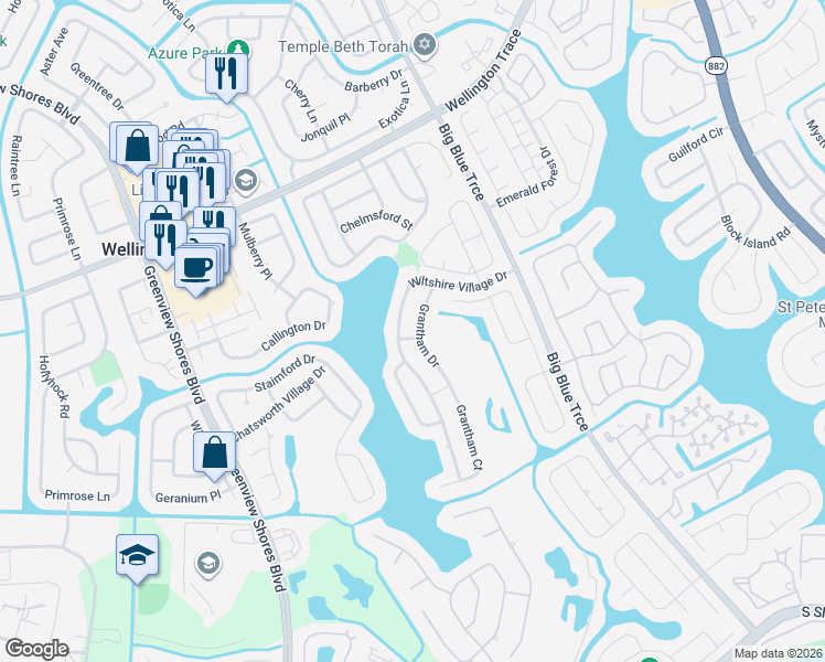 map of restaurants, bars, coffee shops, grocery stores, and more near 1559 Grantham Drive in Wellington