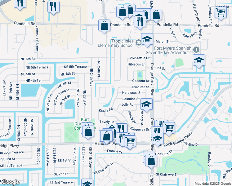 map of restaurants, bars, coffee shops, grocery stores, and more near 1103 Ridgeway Drive in North Fort Myers