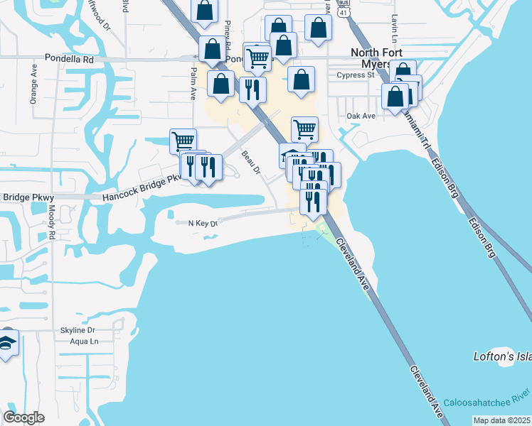 map of restaurants, bars, coffee shops, grocery stores, and more near 3355 North Key Drive in Fort Myers