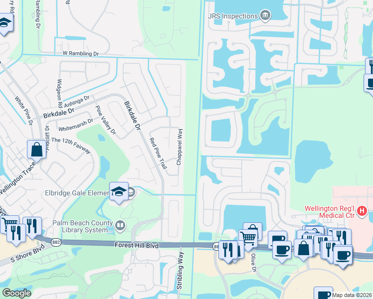map of restaurants, bars, coffee shops, grocery stores, and more near 1460 Chapparel Way in Wellington