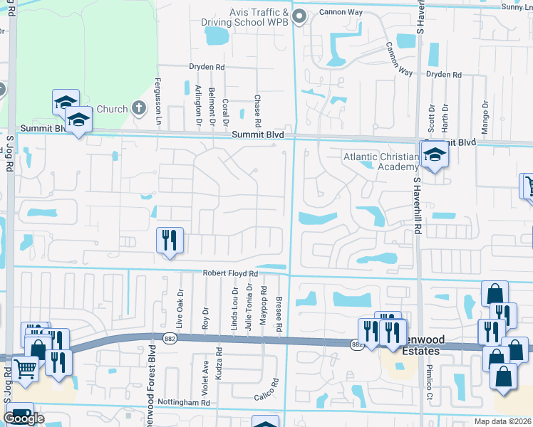 map of restaurants, bars, coffee shops, grocery stores, and more near 5480 Berry Blossom Way East in West Palm Beach